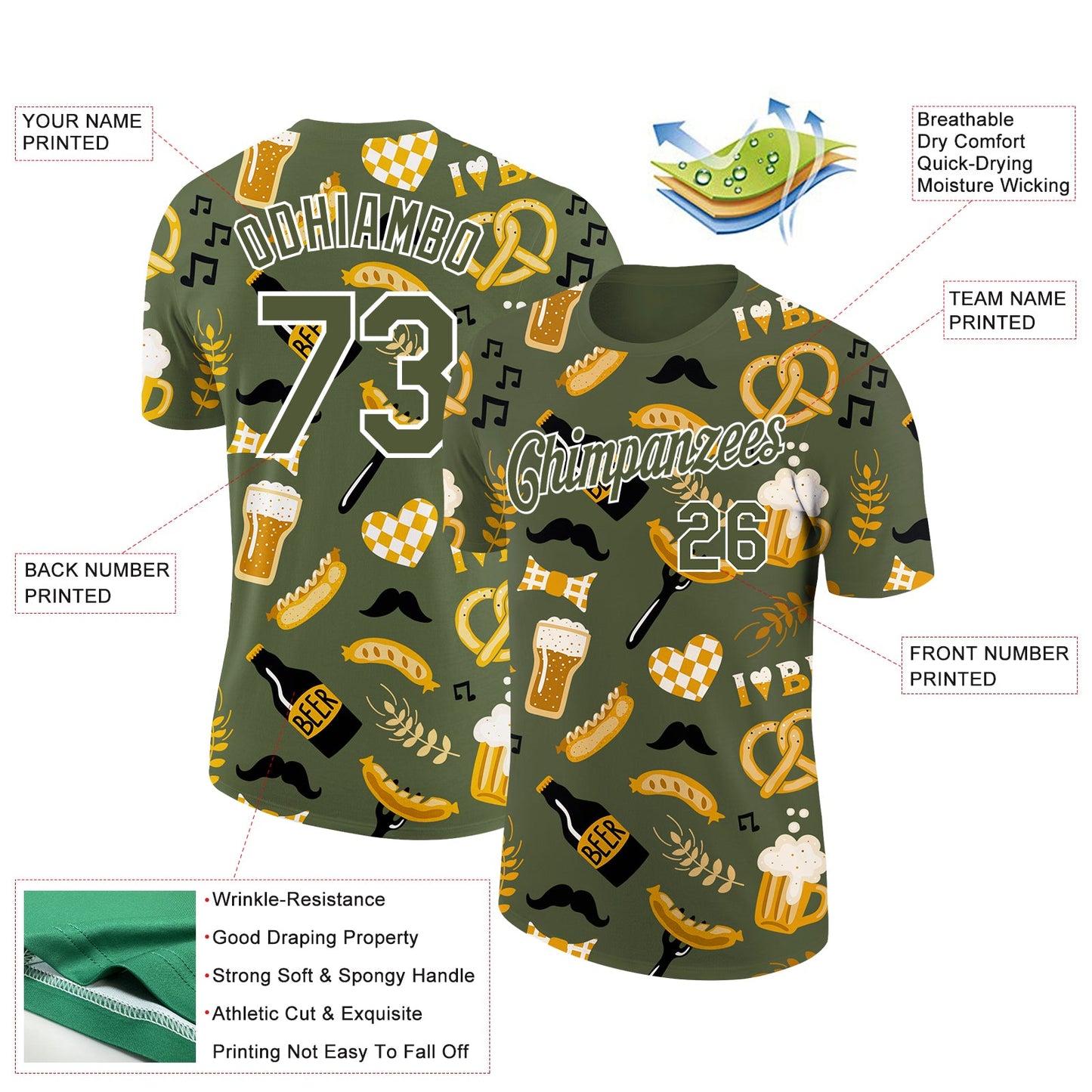 Custom Olive White 3D Pattern Design Oktoberfest Beer Festival Performance T-Shirt view 2