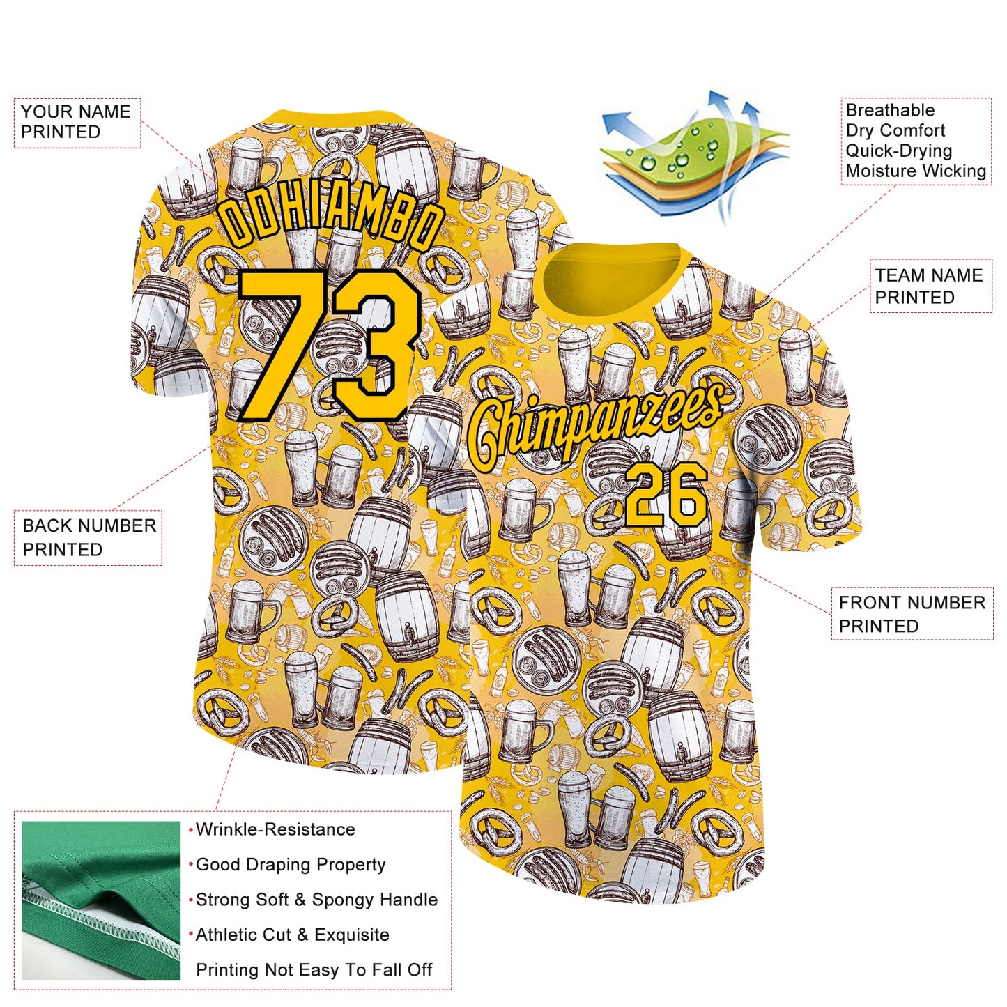 Custom Yellow Black 3D Pattern Design Oktoberfest Beer Festival Performance T-Shirt view 2