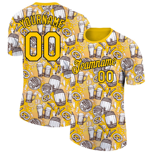 Custom Yellow Black 3D Pattern Design Oktoberfest Beer Festival Performance T-Shirt - Main View