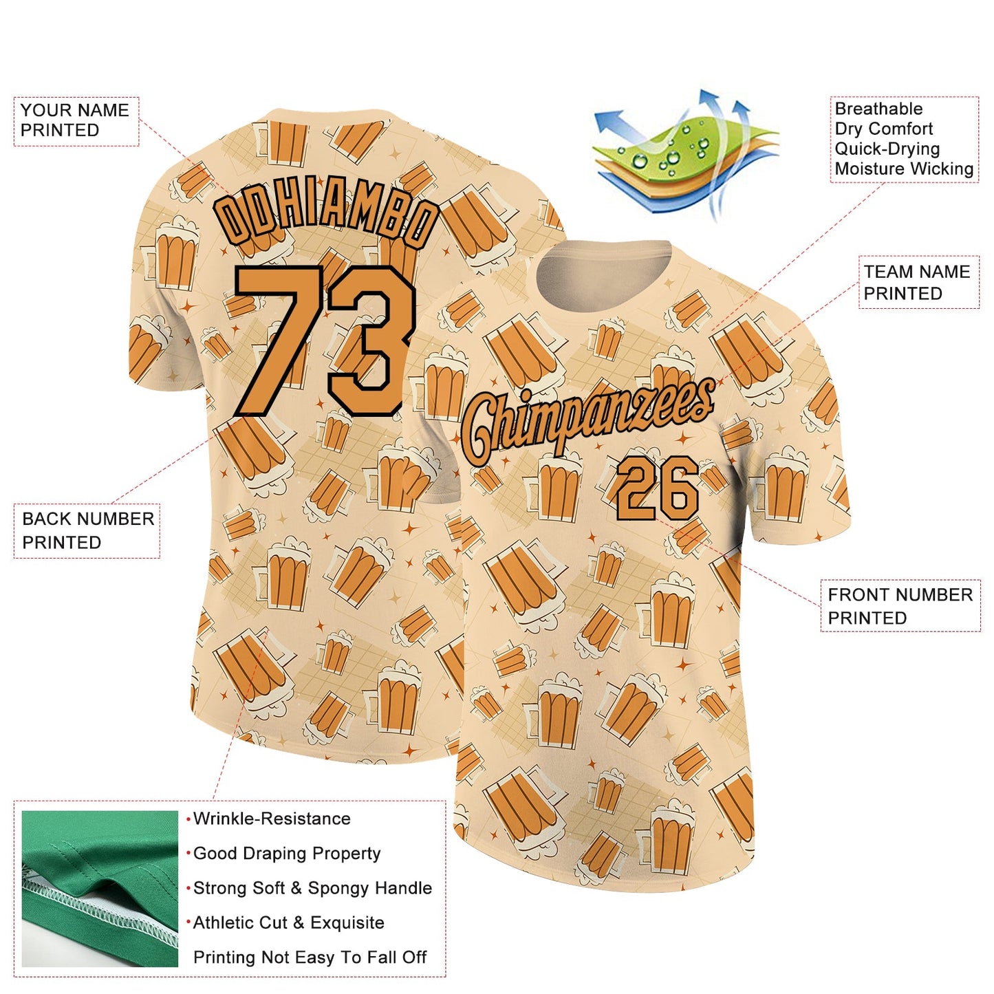 Custom Vegas Gold Bay Orange-Black 3D Pattern Design Beer Performance T-Shirt view 2