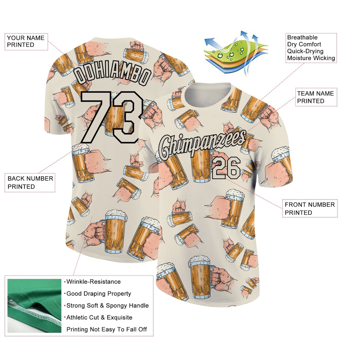 Custom Cream Black 3D Pattern Design Beer Performance T-Shirt view 2