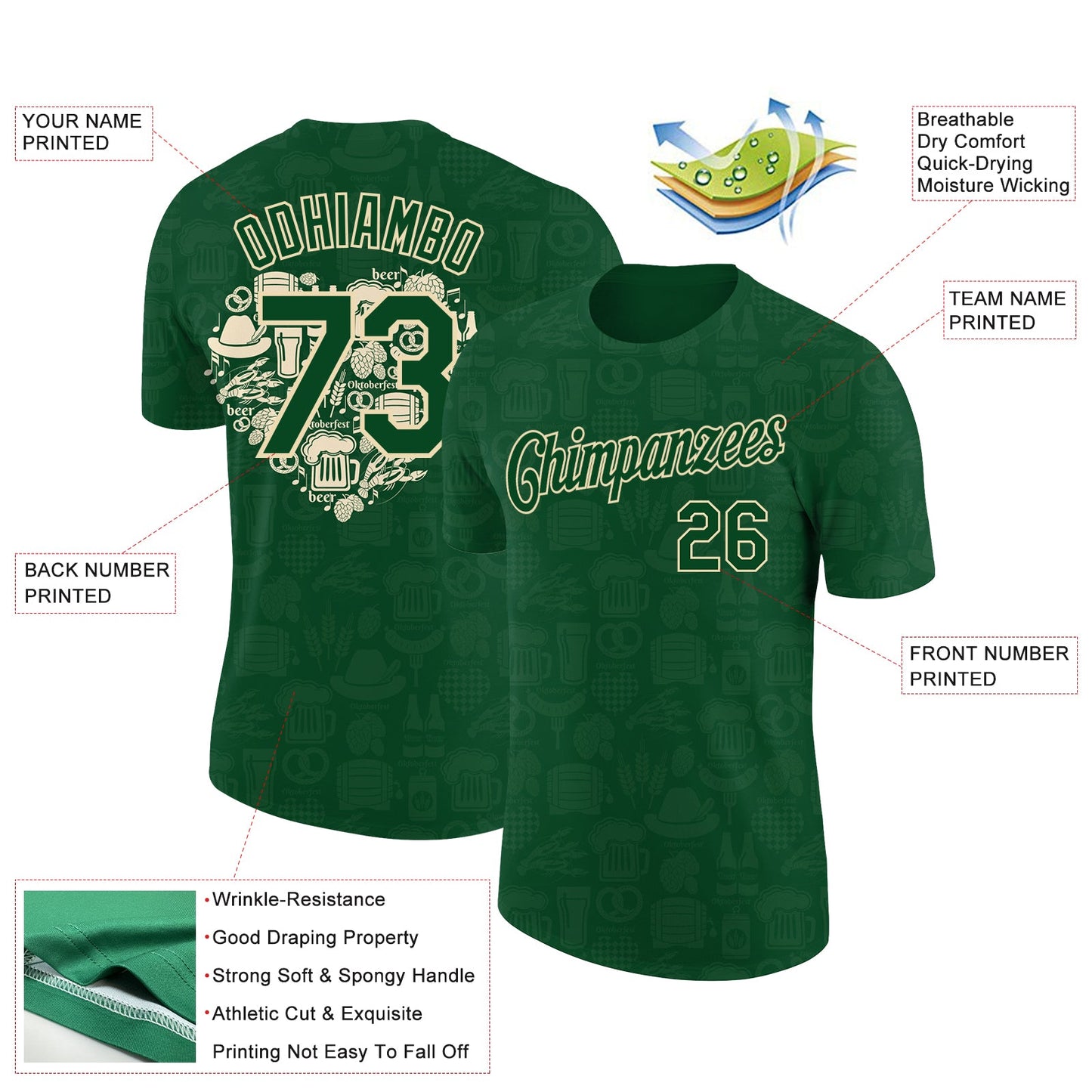 Custom Green City Cream 3D Pattern Design Oktoberfest Beer Festival Performance T-Shirt view 2