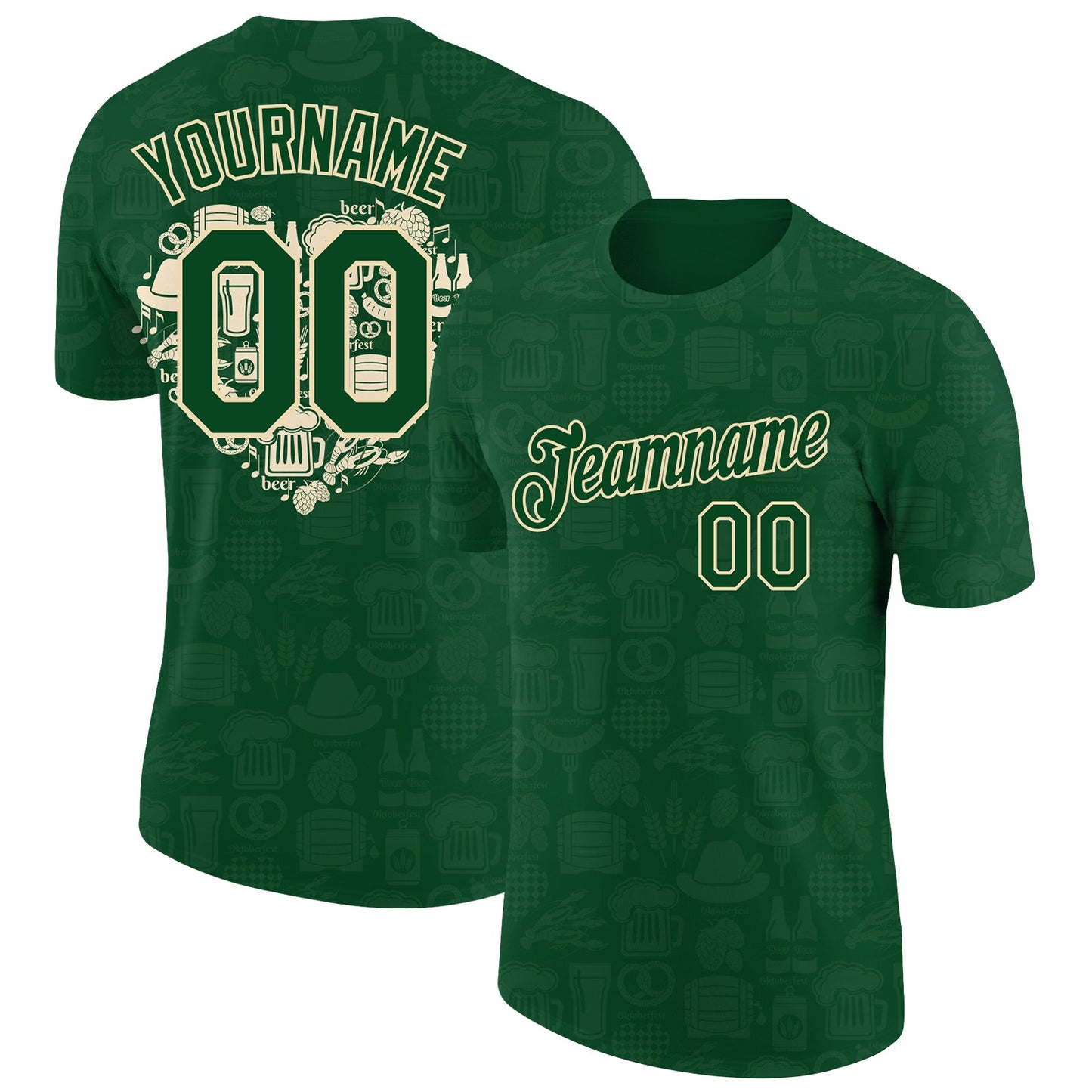 Custom Green City Cream 3D Pattern Design Oktoberfest Beer Festival Performance T-Shirt - Main View