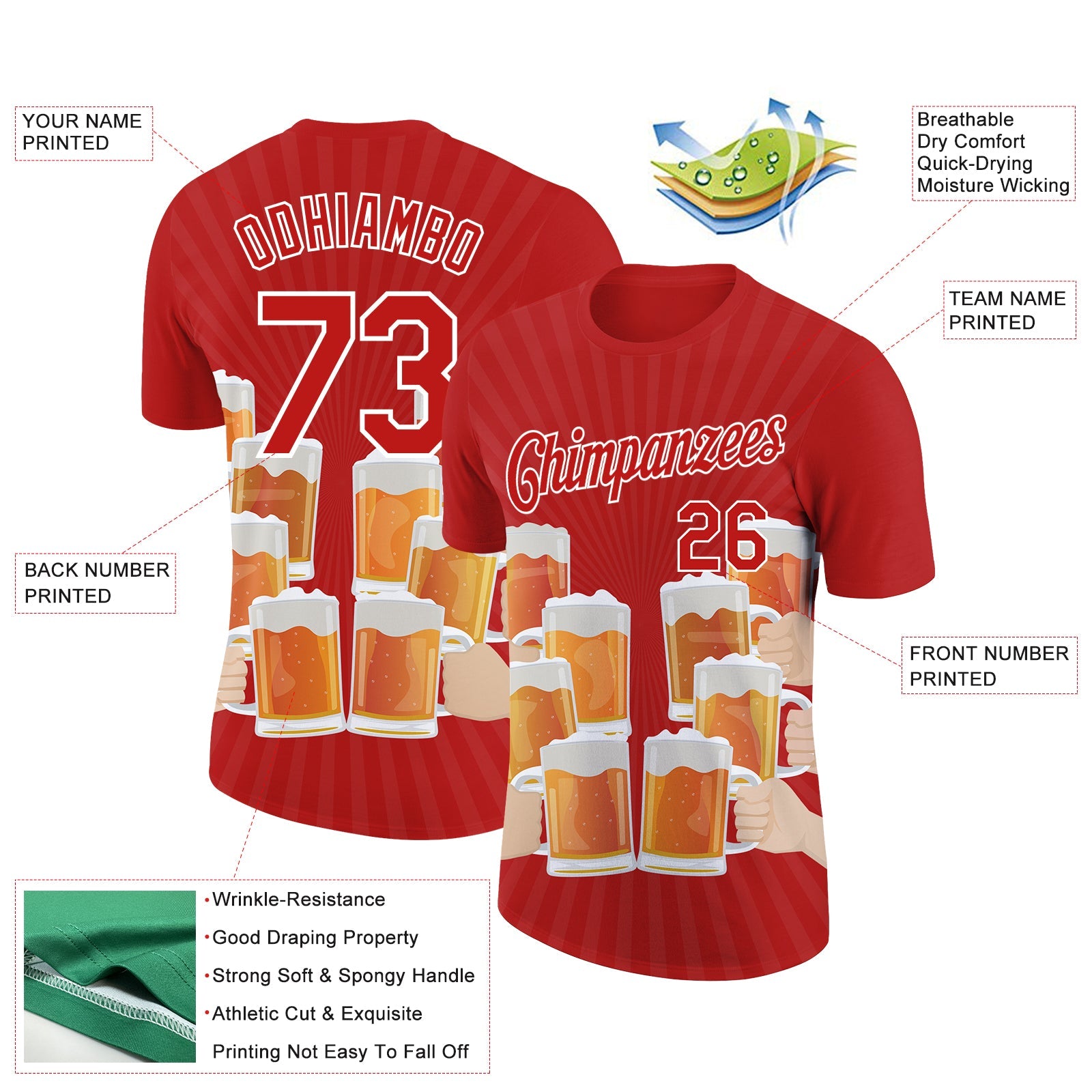 Custom Fire Red White 3D Pattern Design Beer Performance T-Shirt view 2
