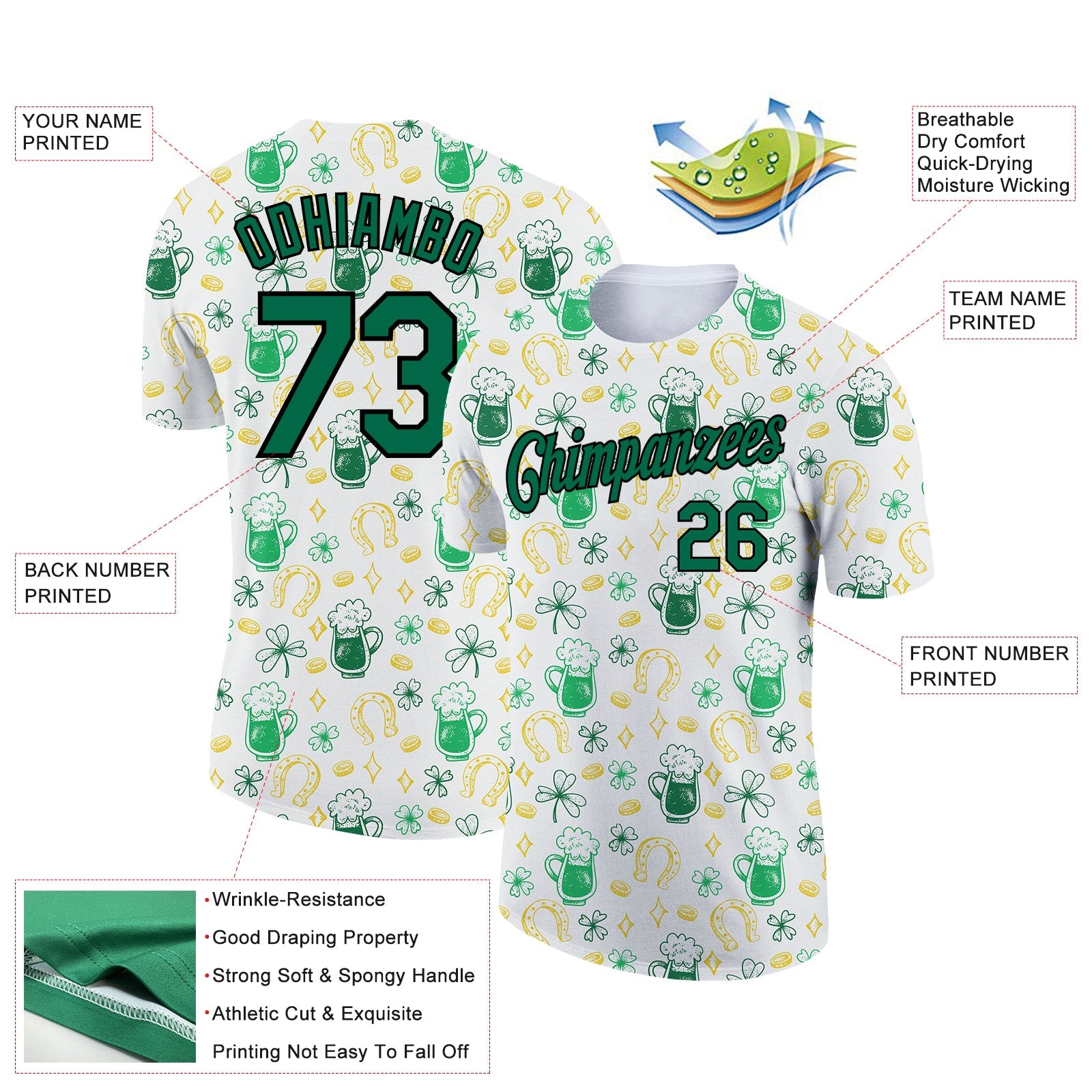 Custom White Kelly Green-Black 3D Pattern Design Beer And St.Patrick's Day Performance T-Shirt view 2