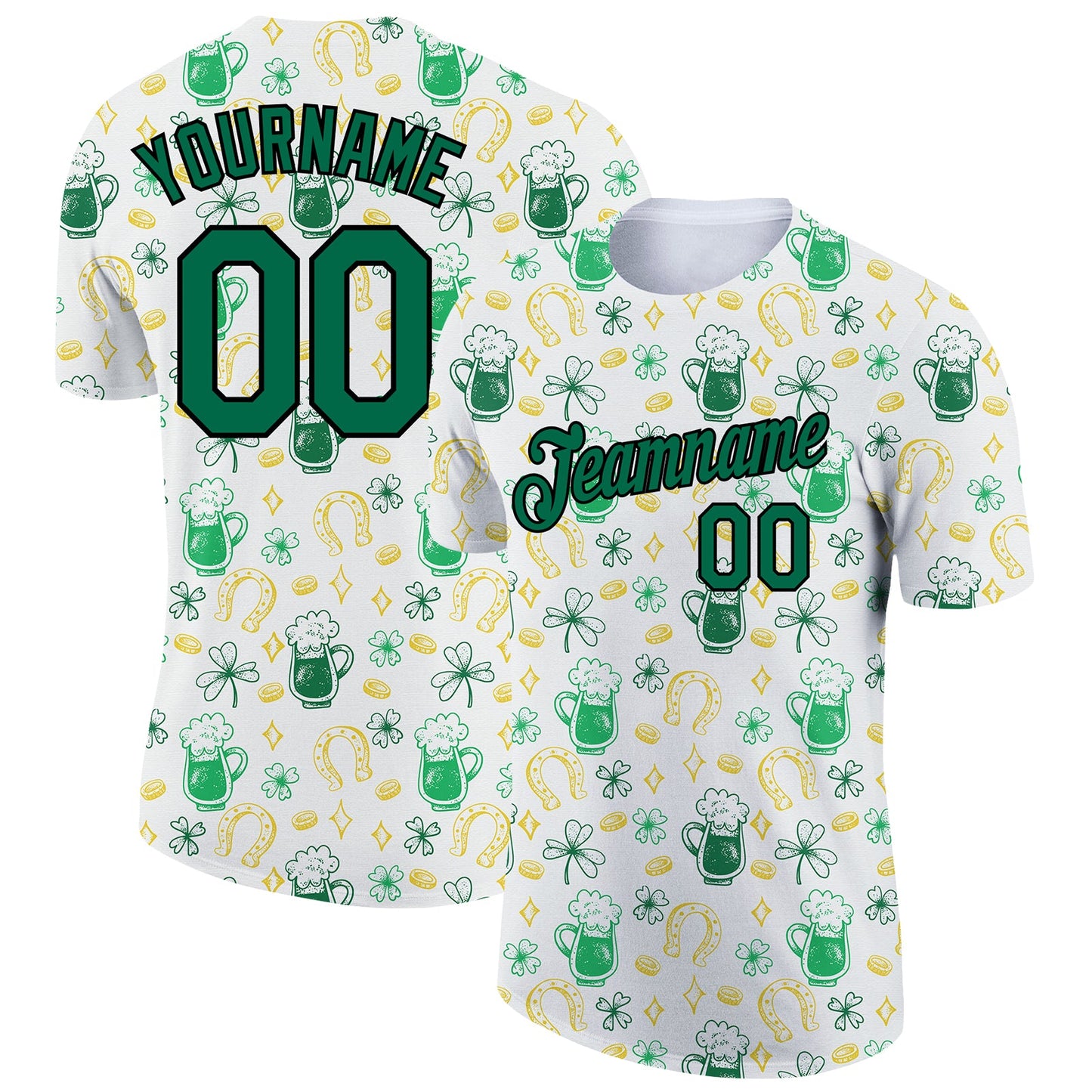 Custom White Kelly Green-Black 3D Pattern Design Beer And St.Patrick's Day Performance T-Shirt - Main View