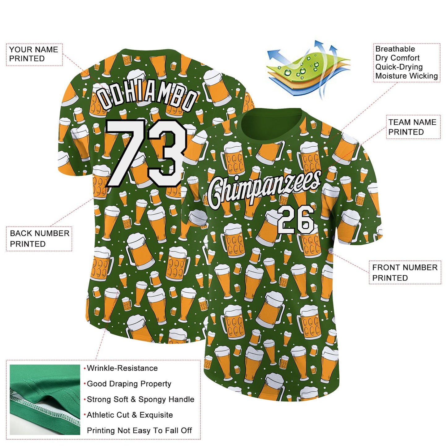 Custom Green White-Black 3D Pattern Design Beer Performance T-Shirt view 2
