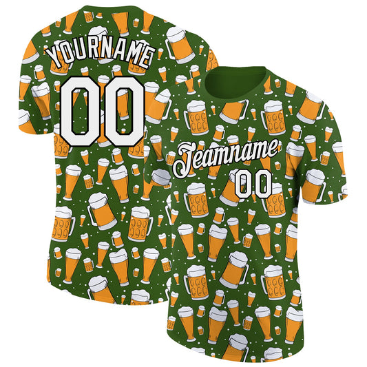 Custom Green White-Black 3D Pattern Design Beer Performance T-Shirt - Main View
