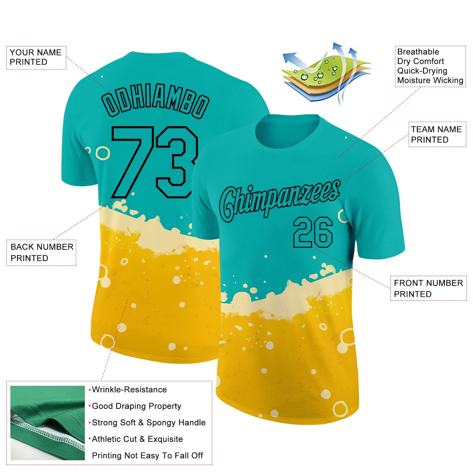 Custom Aqua Yellow-Black 3D Pattern Design Beer Performance T-Shirt view 2