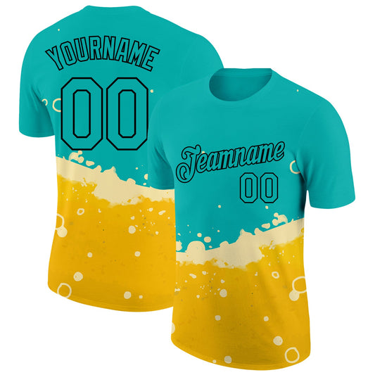Custom Aqua Yellow-Black 3D Pattern Design Beer Performance T-Shirt - Main View