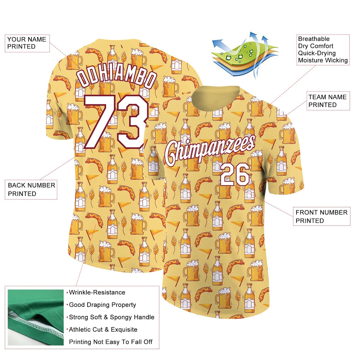 Custom Yellow White-Crimson 3D Pattern Design Oktoberfest Beer Festival Performance T-Shirt view 2