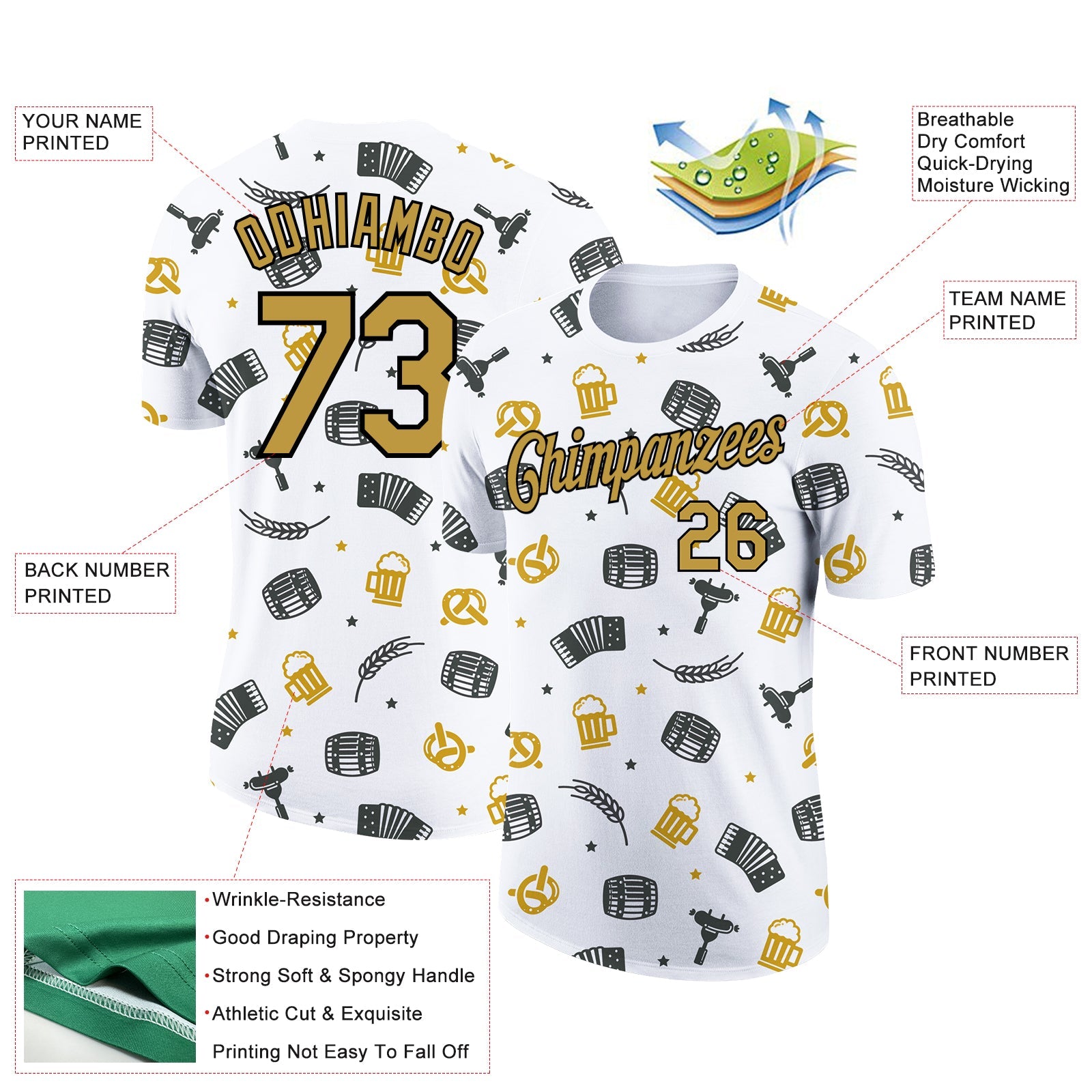 Custom White Old Gold-Black 3D Pattern Design Beer Oktoberfest Performance T-Shirt view 2