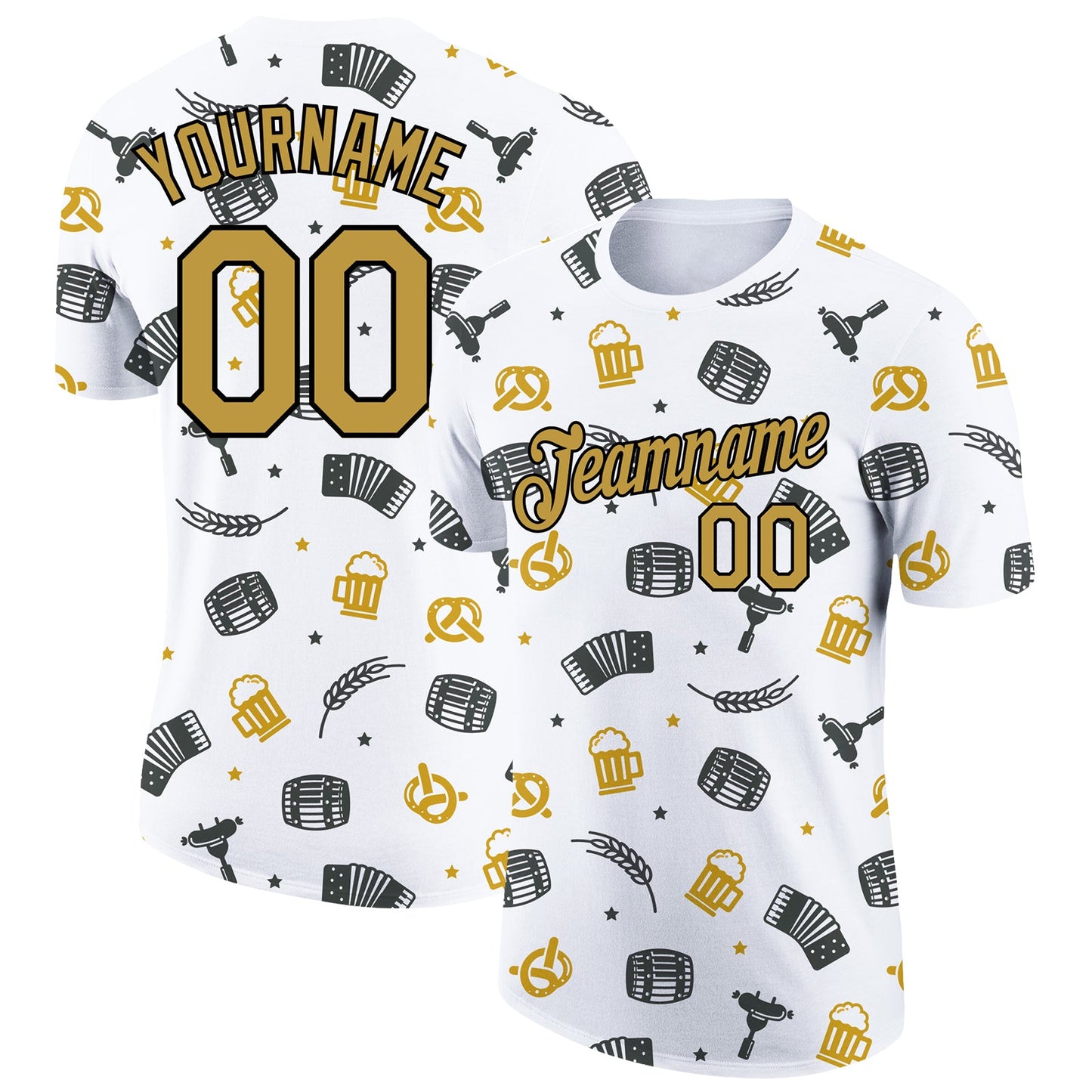 Custom White Old Gold-Black 3D Pattern Design Beer Oktoberfest Performance T-Shirt - Main View