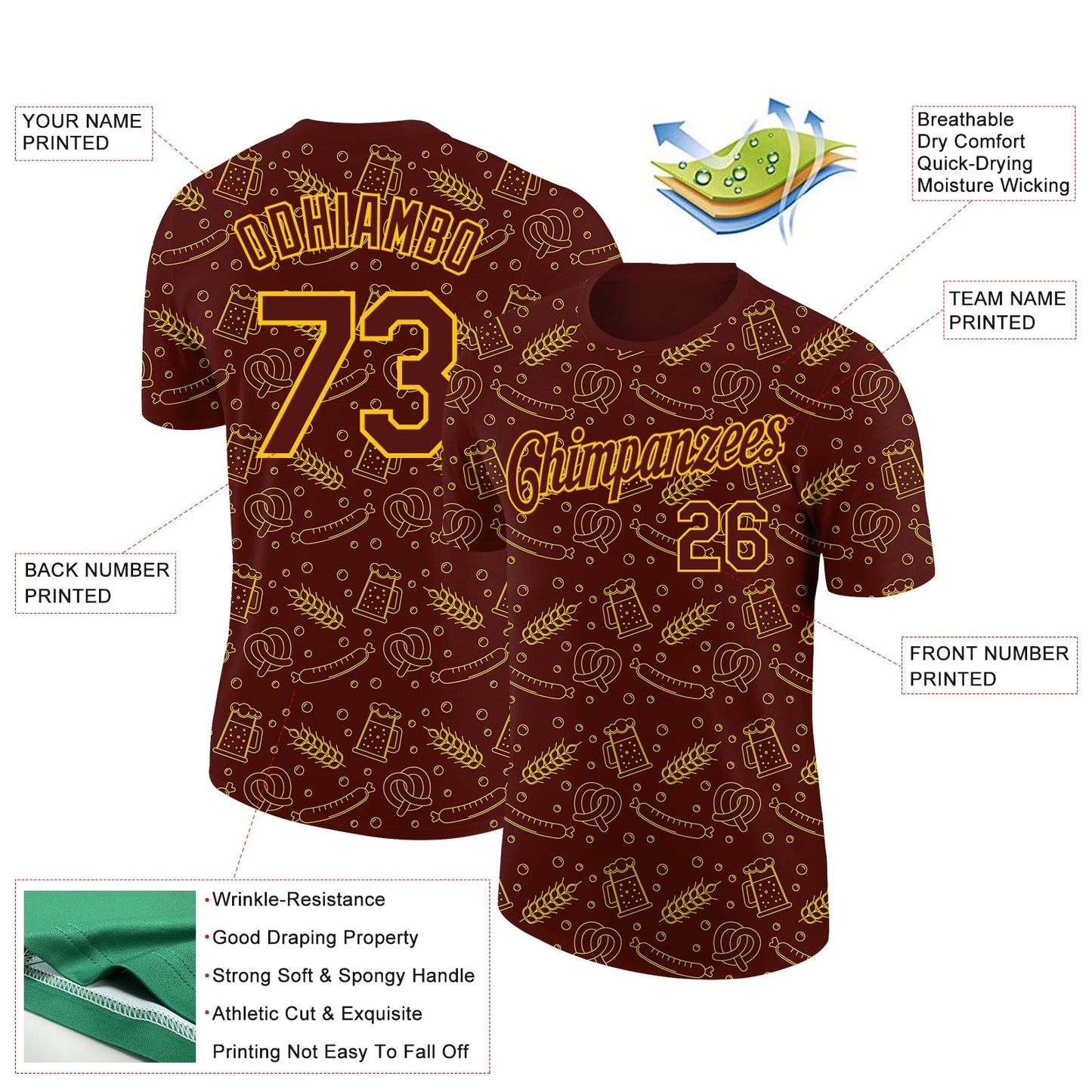 Custom Brown Yellow 3D Pattern Design Oktoberfest Beer Festival Performance T-Shirt view 2