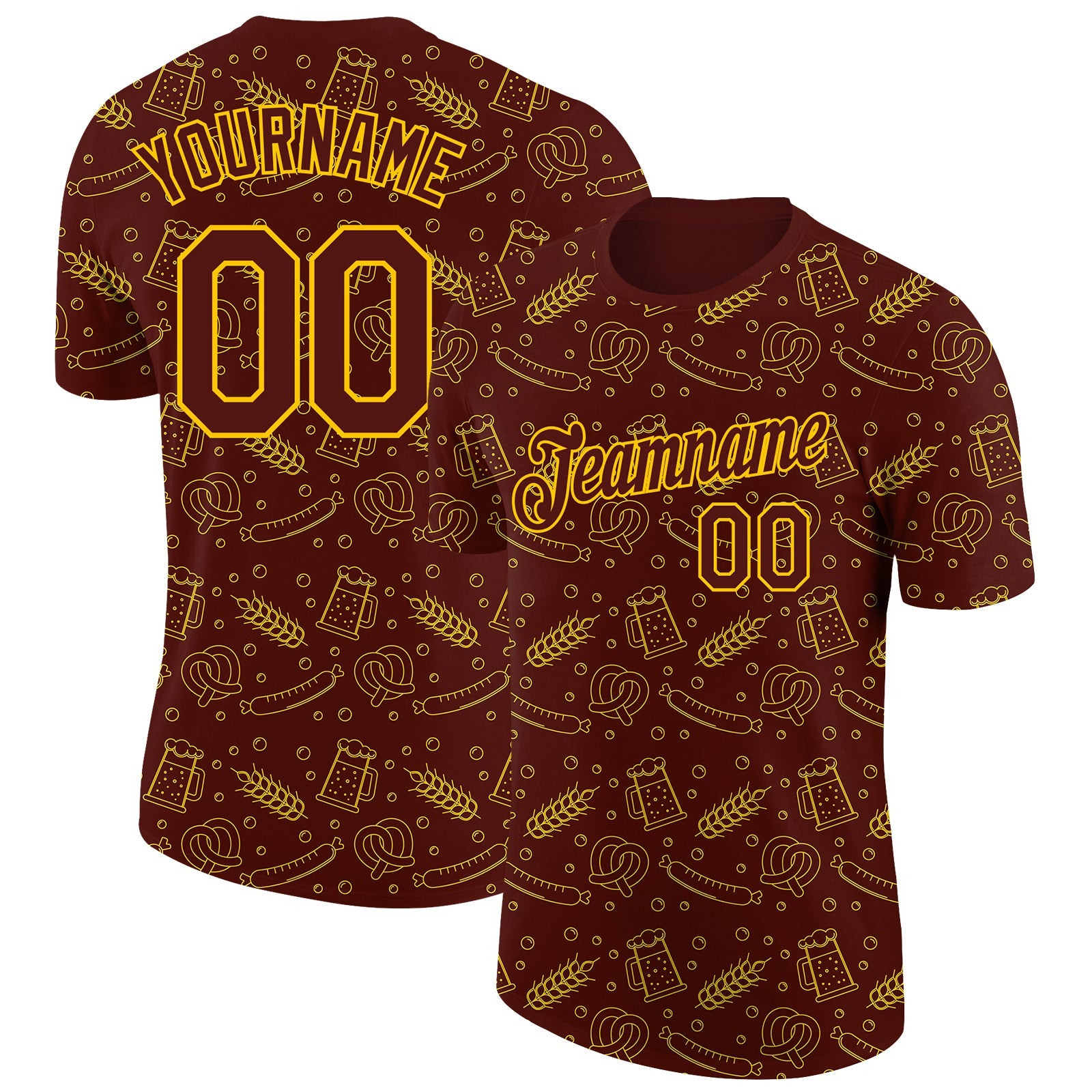 Custom Brown Yellow 3D Pattern Design Oktoberfest Beer Festival Performance T-Shirt - Main View