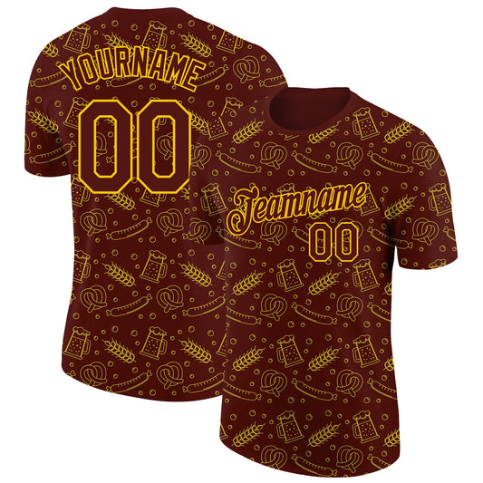 Custom Brown Yellow 3D Pattern Design Oktoberfest Beer Festival Performance T-Shirt - Main View