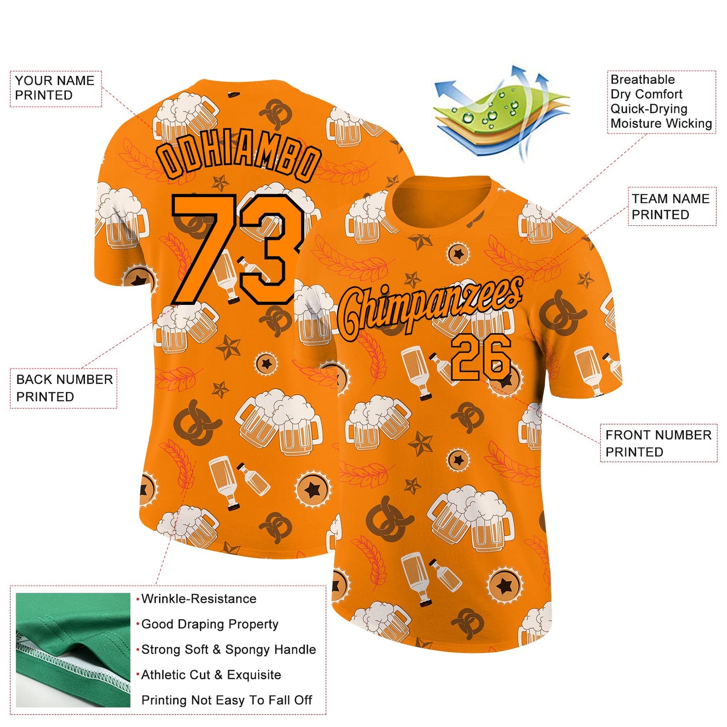 Custom Bay Orange Black 3D Pattern Design Oktoberfest Beer Festival Performance T-Shirt view 2