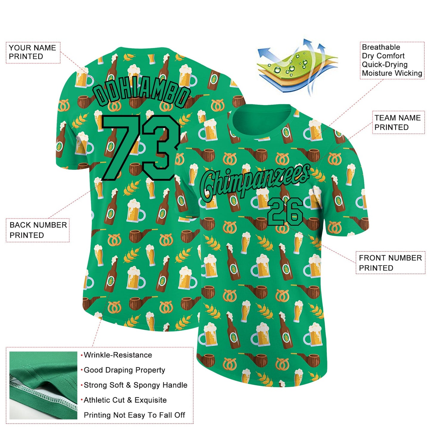 Custom Grass Green Black 3D Pattern Design Oktoberfest Beer Festival Performance T-Shirt view 2
