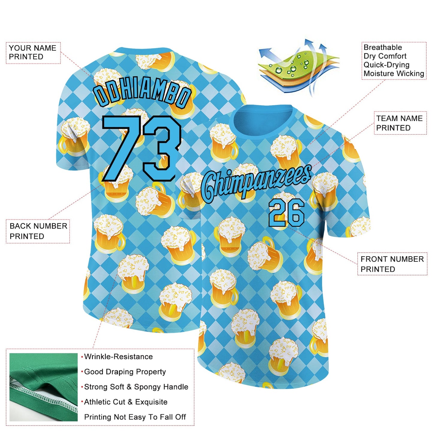 Custom Sky Blue Black 3D Pattern Design Beer Performance T-Shirt view 2