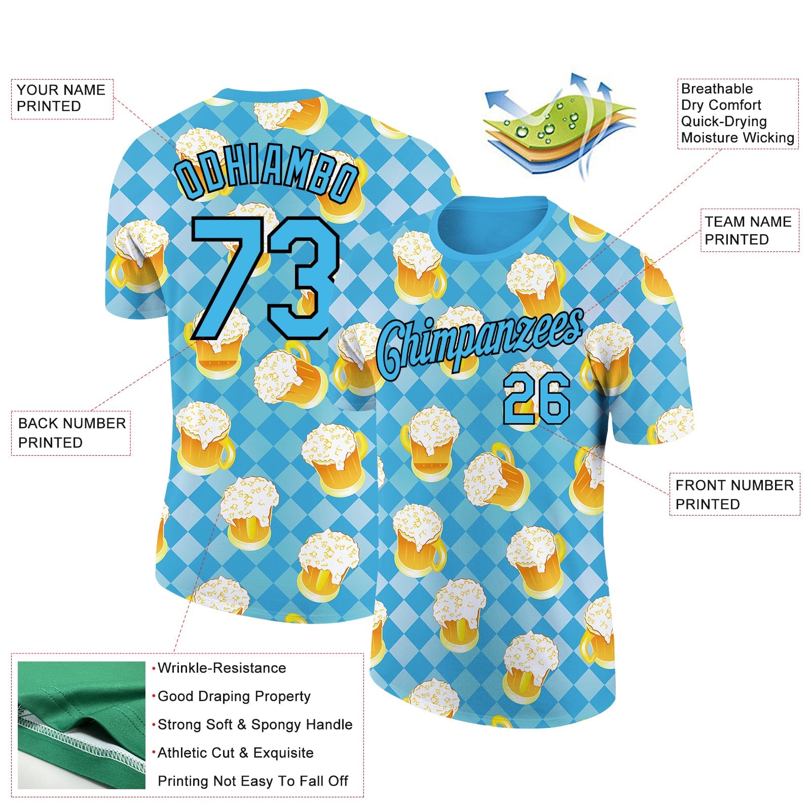 Custom Sky Blue Black 3D Pattern Design Beer Performance T-Shirt view 2
