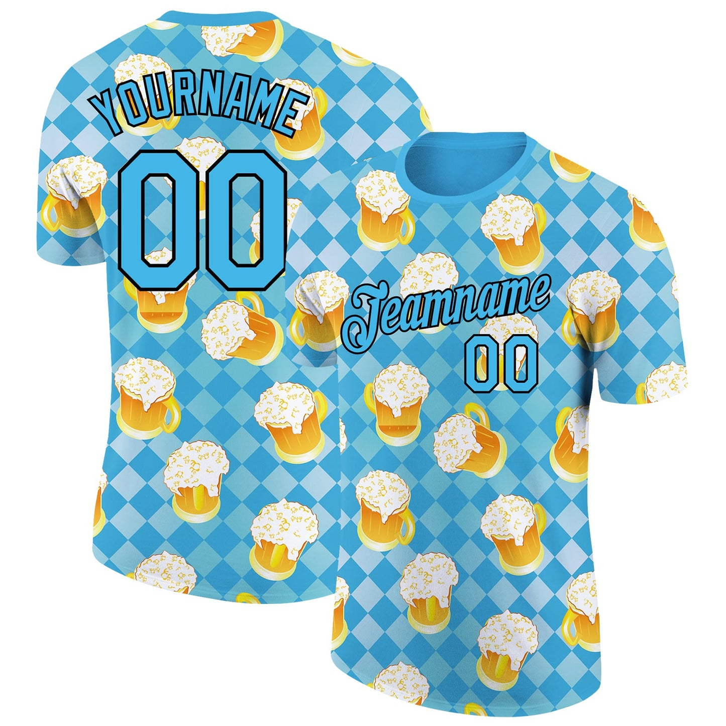 Custom Sky Blue Black 3D Pattern Design Beer Performance T-Shirt - Main View