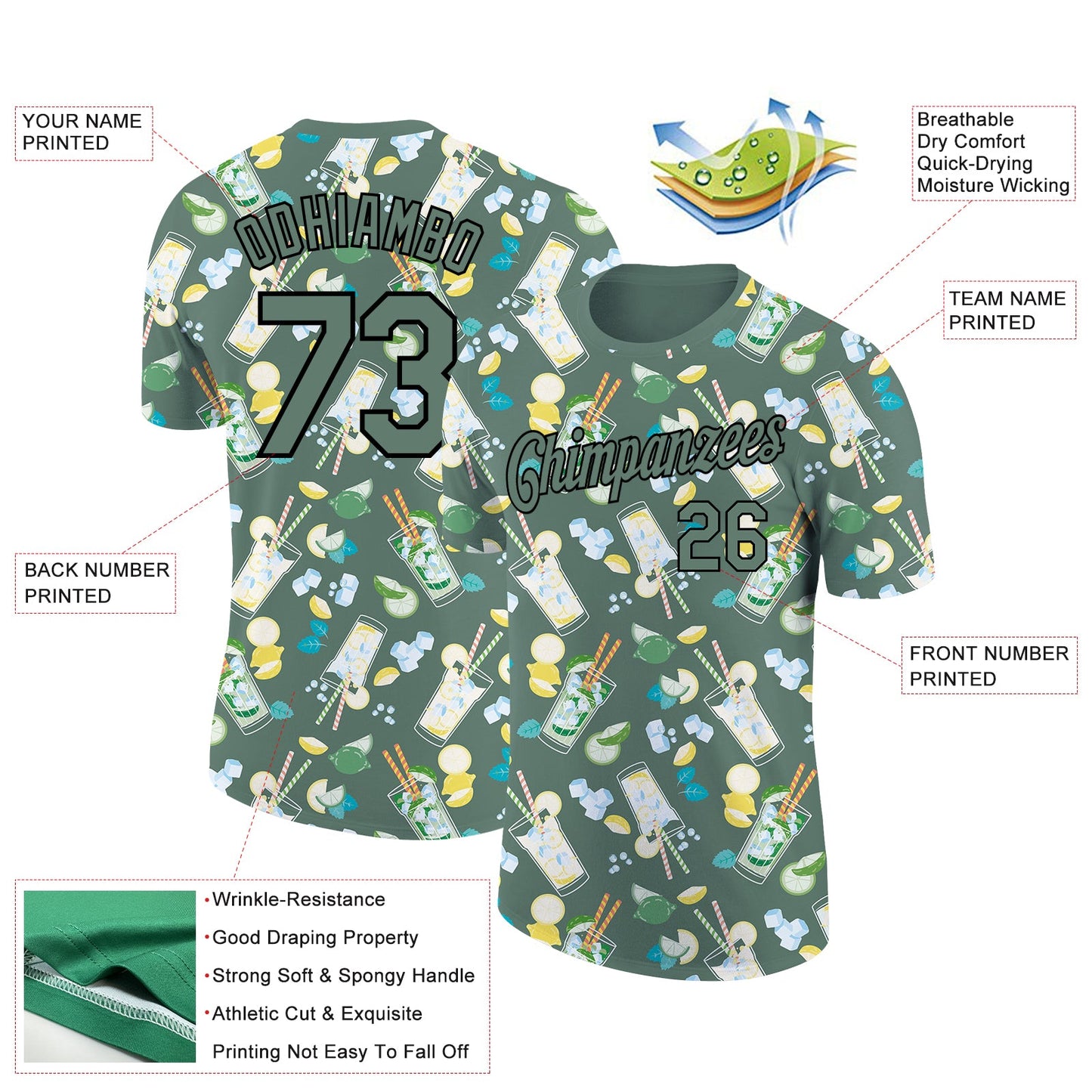 Custom Olive Black 3D Pattern Design Summer Cold Drink Performance T-Shirt view 2