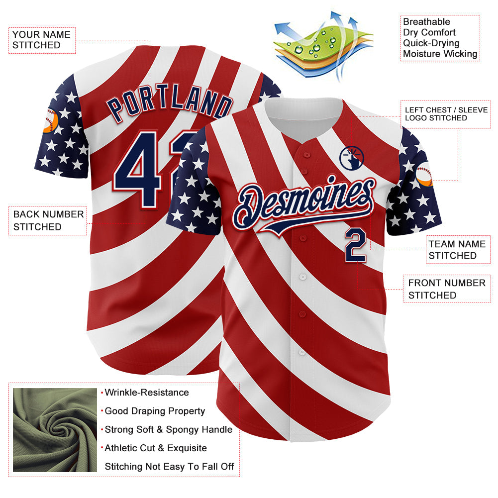 Custom White Navy-Red 3D American Flag Authentic Baseball Jersey view 3
