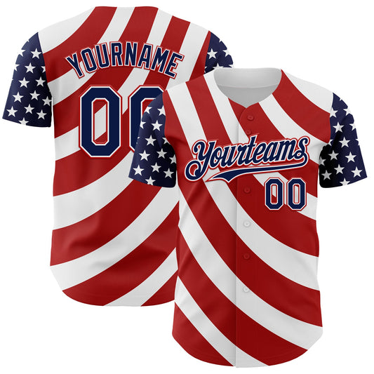 Custom White Navy-Red 3D American Flag Authentic Baseball Jersey - Main View