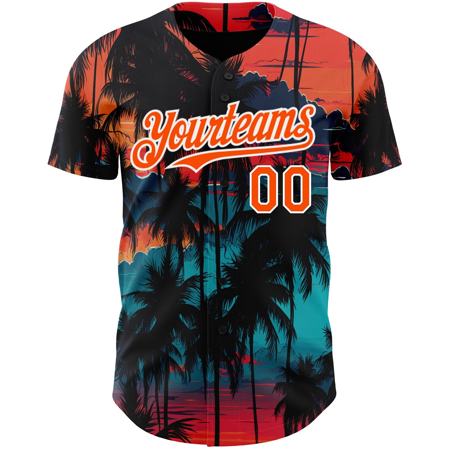 Custom Black Orange-White 3D Pattern Design Tropical Hawaii Palms Trees Authentic Baseball Jersey view 2