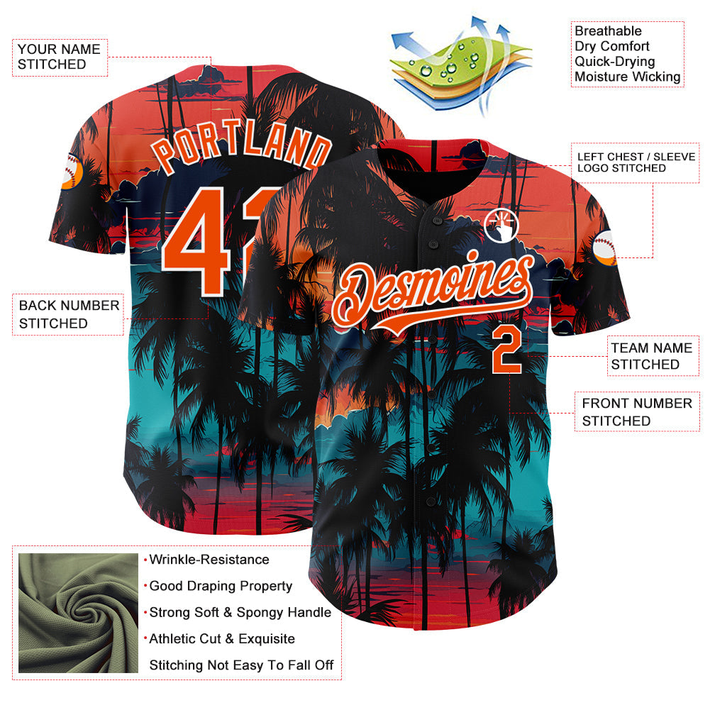 Custom Black Orange-White 3D Pattern Design Tropical Hawaii Palms Trees Authentic Baseball Jersey view 3