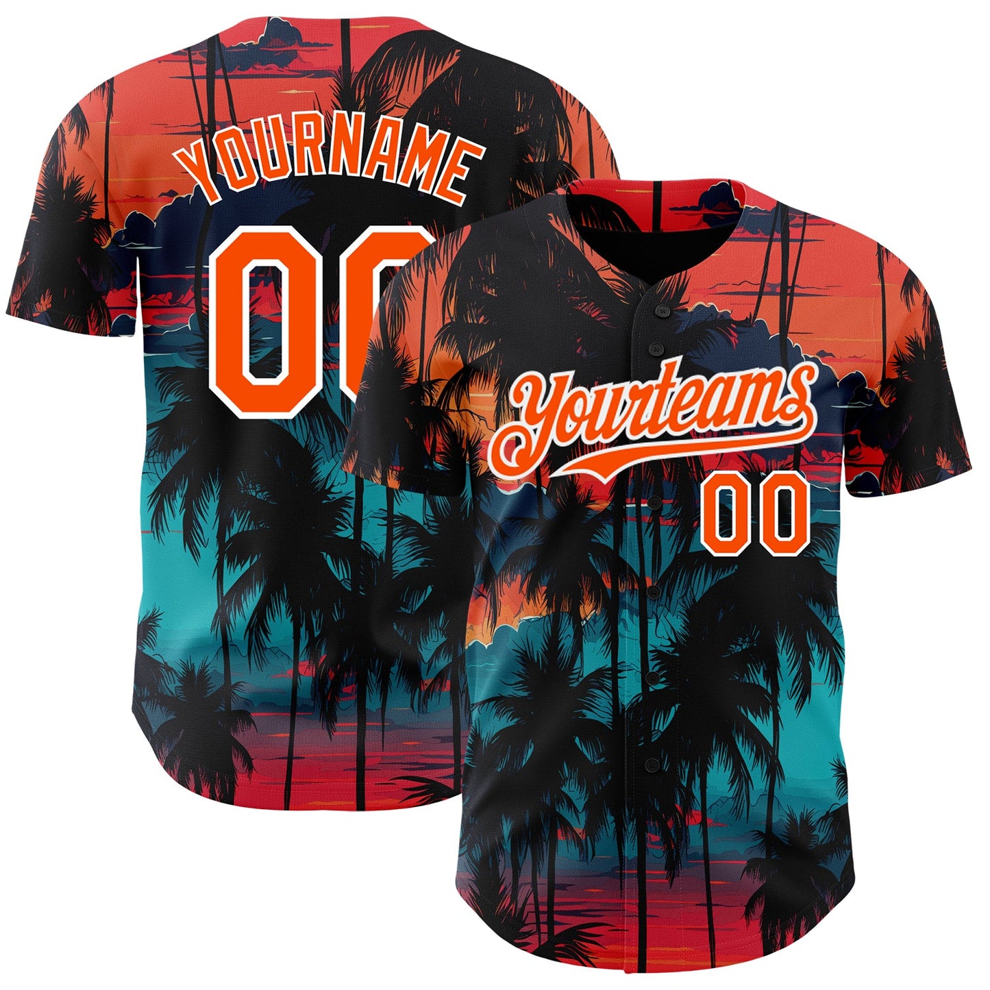 Custom Black Orange-White 3D Pattern Design Tropical Hawaii Palms Trees Authentic Baseball Jersey - Main View