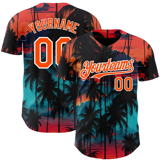 Custom Black Orange-White 3D Pattern Design Tropical Hawaii Palms Trees Authentic Baseball Jersey - Main View