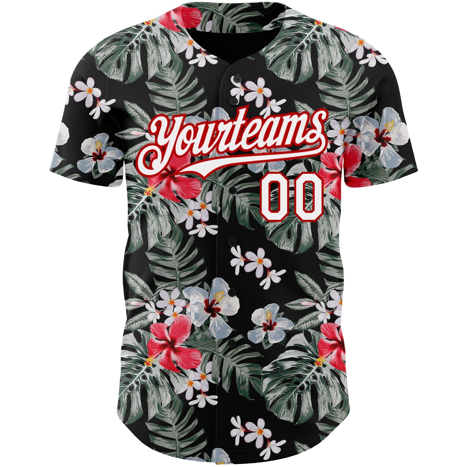 Custom Black White-Red 3D Pattern Design Tropical Hawaii Plant Authentic Baseball Jersey view 2
