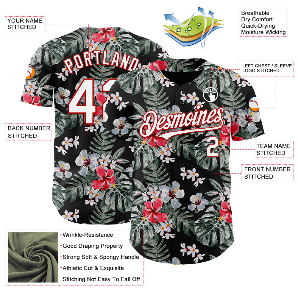 Custom Black White-Red 3D Pattern Design Tropical Hawaii Plant Authentic Baseball Jersey view 3