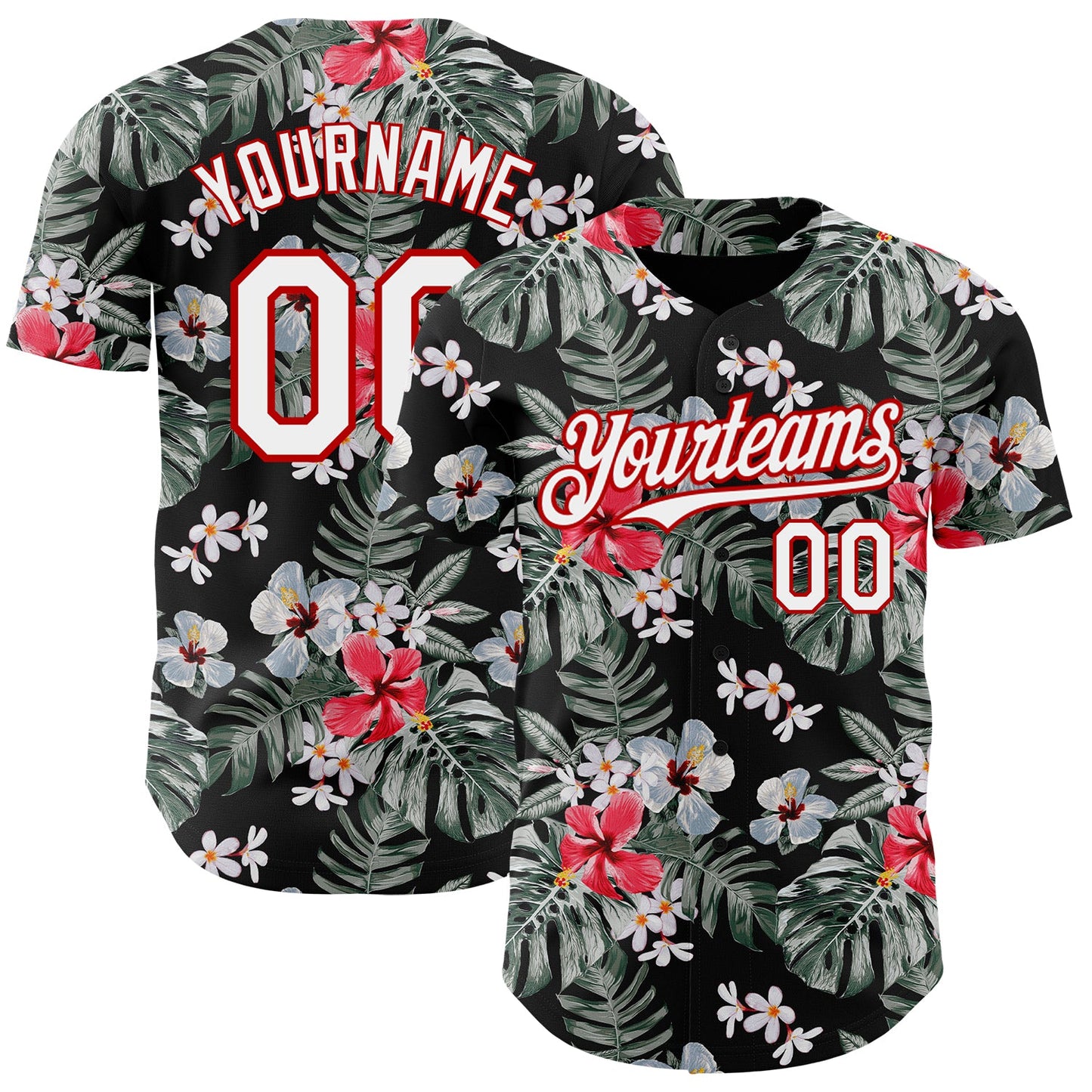 Custom Black White-Red 3D Pattern Design Tropical Hawaii Plant Authentic Baseball Jersey - Main View