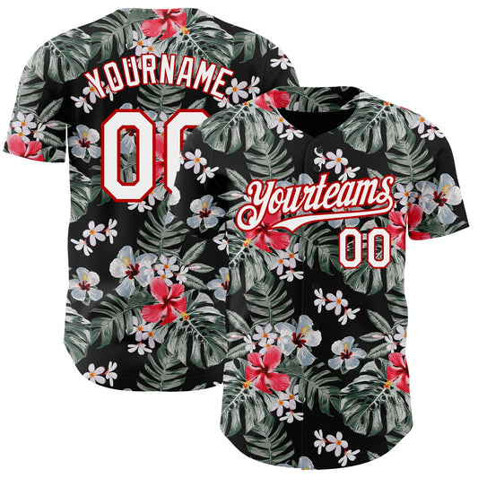 Custom Black White-Red 3D Pattern Design Tropical Hawaii Plant Authentic Baseball Jersey - Main View