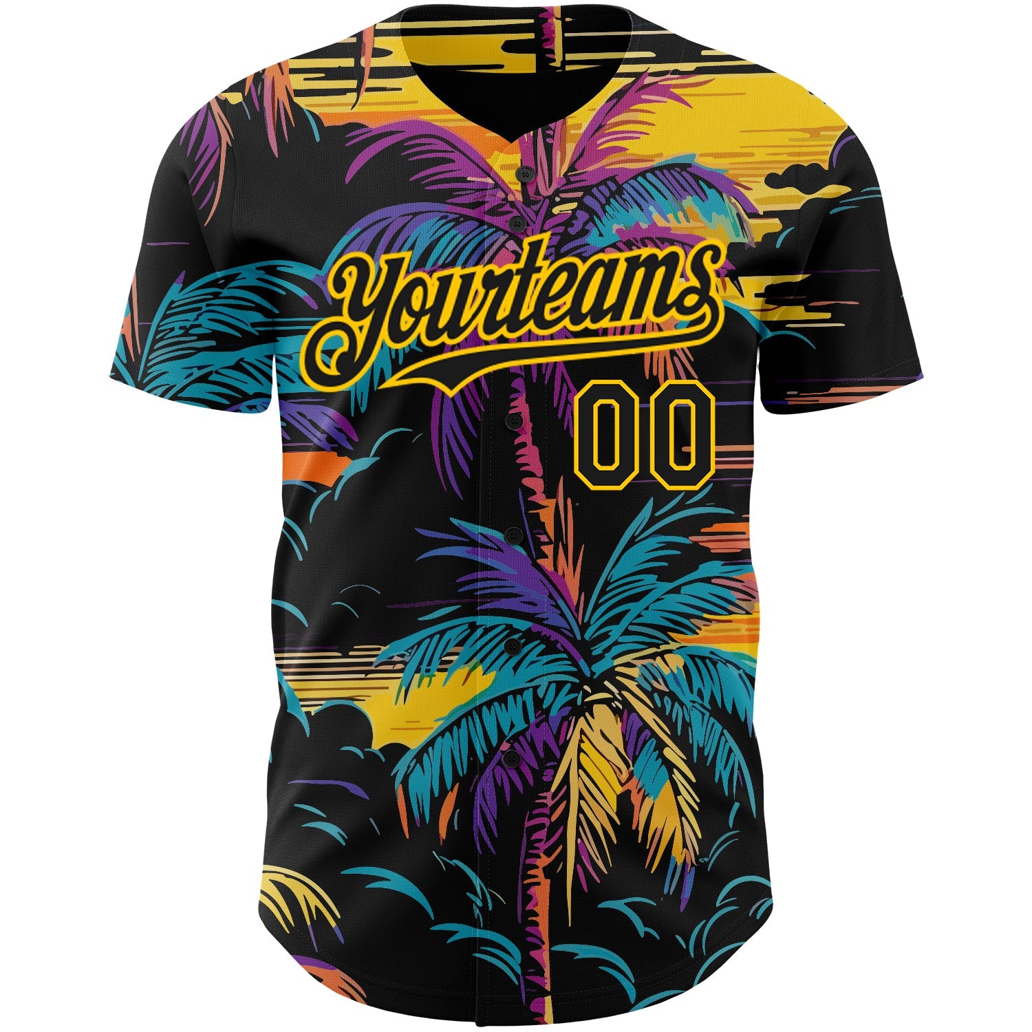 Custom Black Yellow 3D Pattern Design Tropical Hawaii Palms Trees Authentic Baseball Jersey view 2