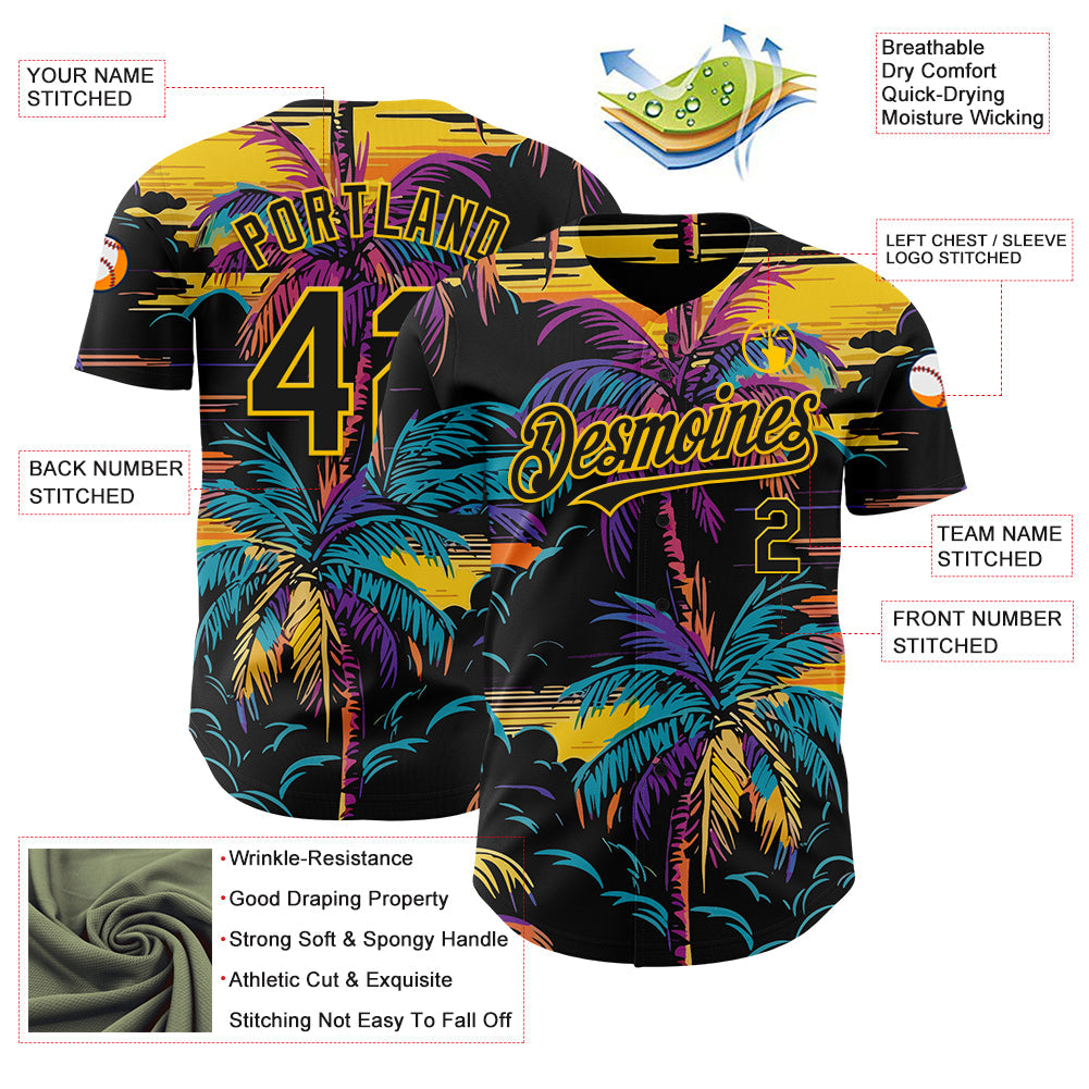 Custom Black Yellow 3D Pattern Design Tropical Hawaii Palms Trees Authentic Baseball Jersey view 3
