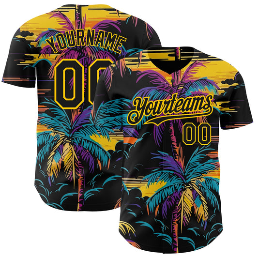 Custom Black Yellow 3D Pattern Design Tropical Hawaii Palms Trees Authentic Baseball Jersey - Main View