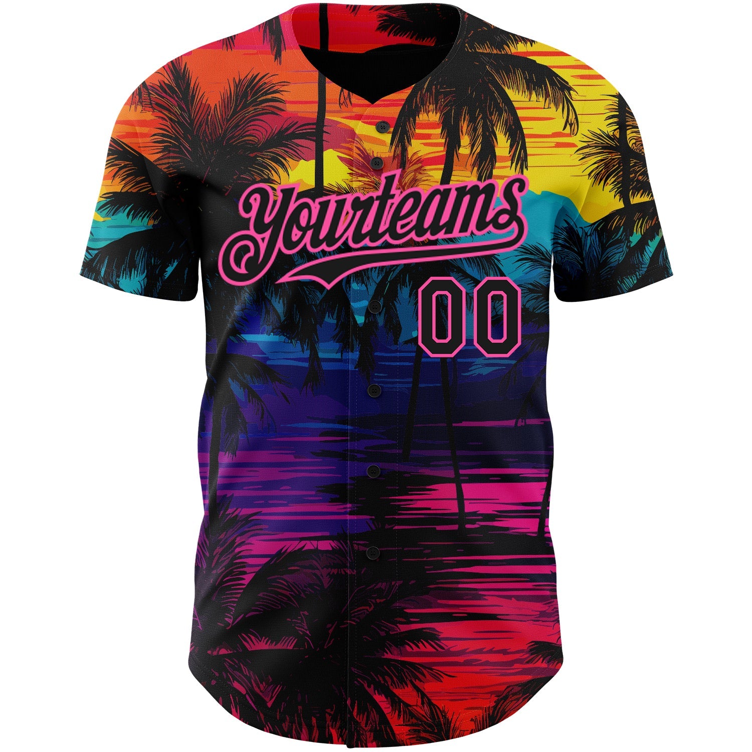 Custom Black Pink 3D Pattern Design Tropical Hawaii Palms Trees Authentic Baseball Jersey view 2