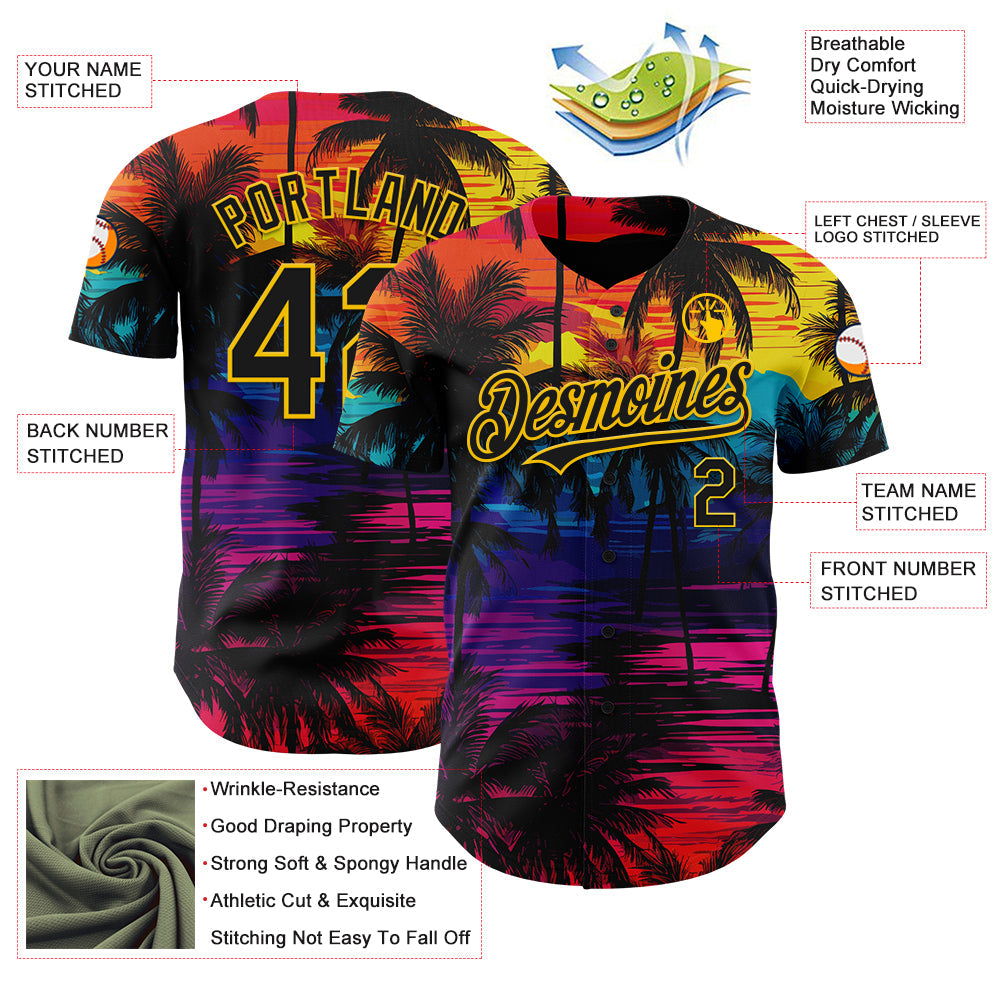 Custom Black Pink 3D Pattern Design Tropical Hawaii Palms Trees Authentic Baseball Jersey view 3