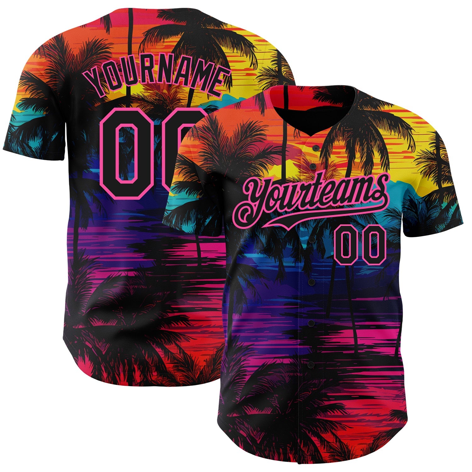 Custom Black Pink 3D Pattern Design Tropical Hawaii Palms Trees Authentic Baseball Jersey - Main View