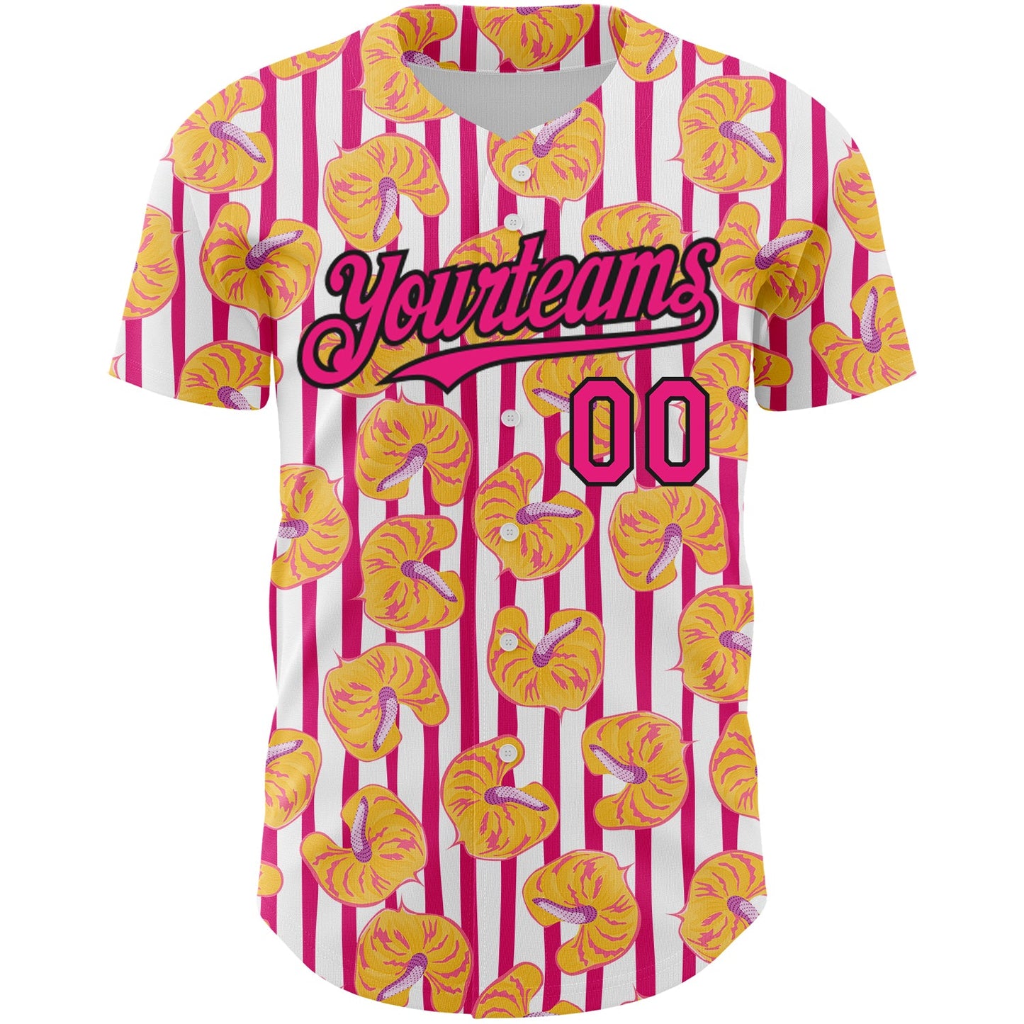 Custom White Hot Pink-Black 3D Pattern Design Tropical Anthurium Flower Authentic Baseball Jersey view 2