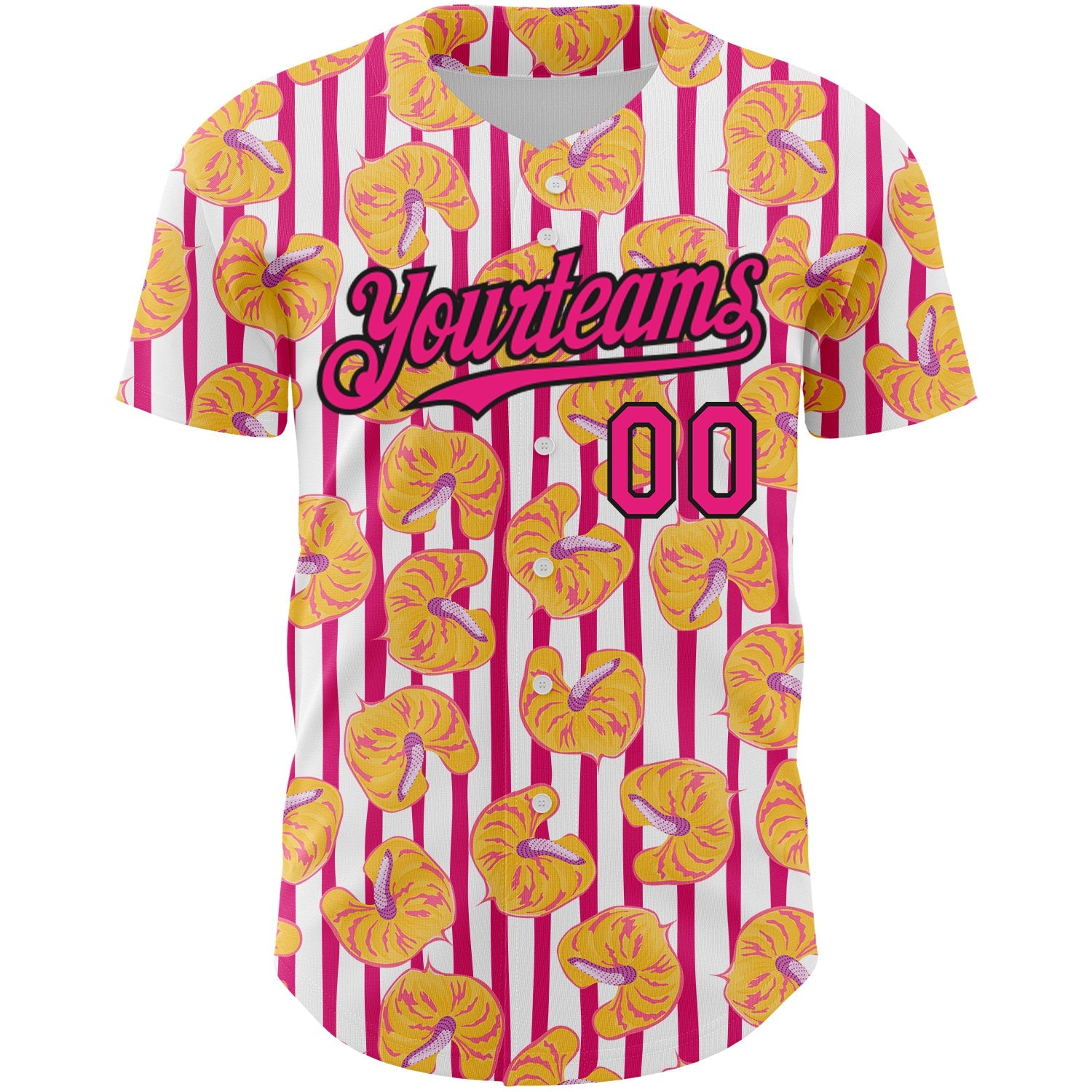 Custom White Hot Pink-Black 3D Pattern Design Tropical Anthurium Flower Authentic Baseball Jersey view 2
