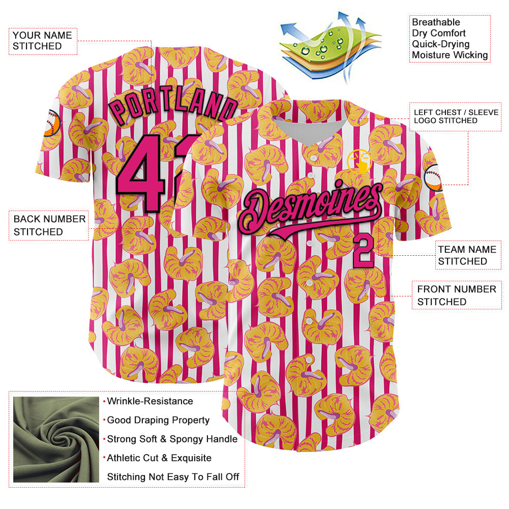 Custom White Hot Pink-Black 3D Pattern Design Tropical Anthurium Flower Authentic Baseball Jersey view 3