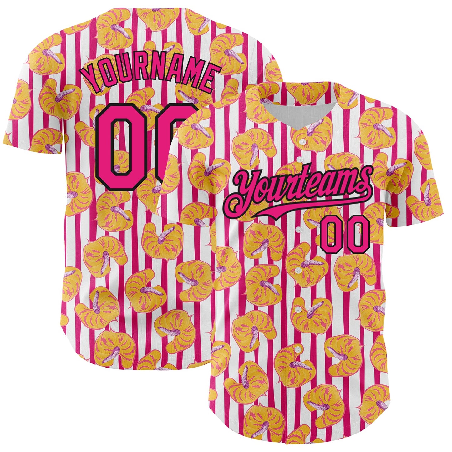 Custom White Hot Pink-Black 3D Pattern Design Tropical Anthurium Flower Authentic Baseball Jersey - Main View