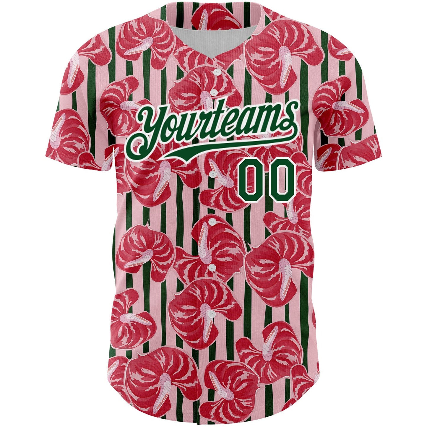 Custom Medium Pink Green-White 3D Pattern Design Tropical Anthurium Flower Authentic Baseball Jersey view 2