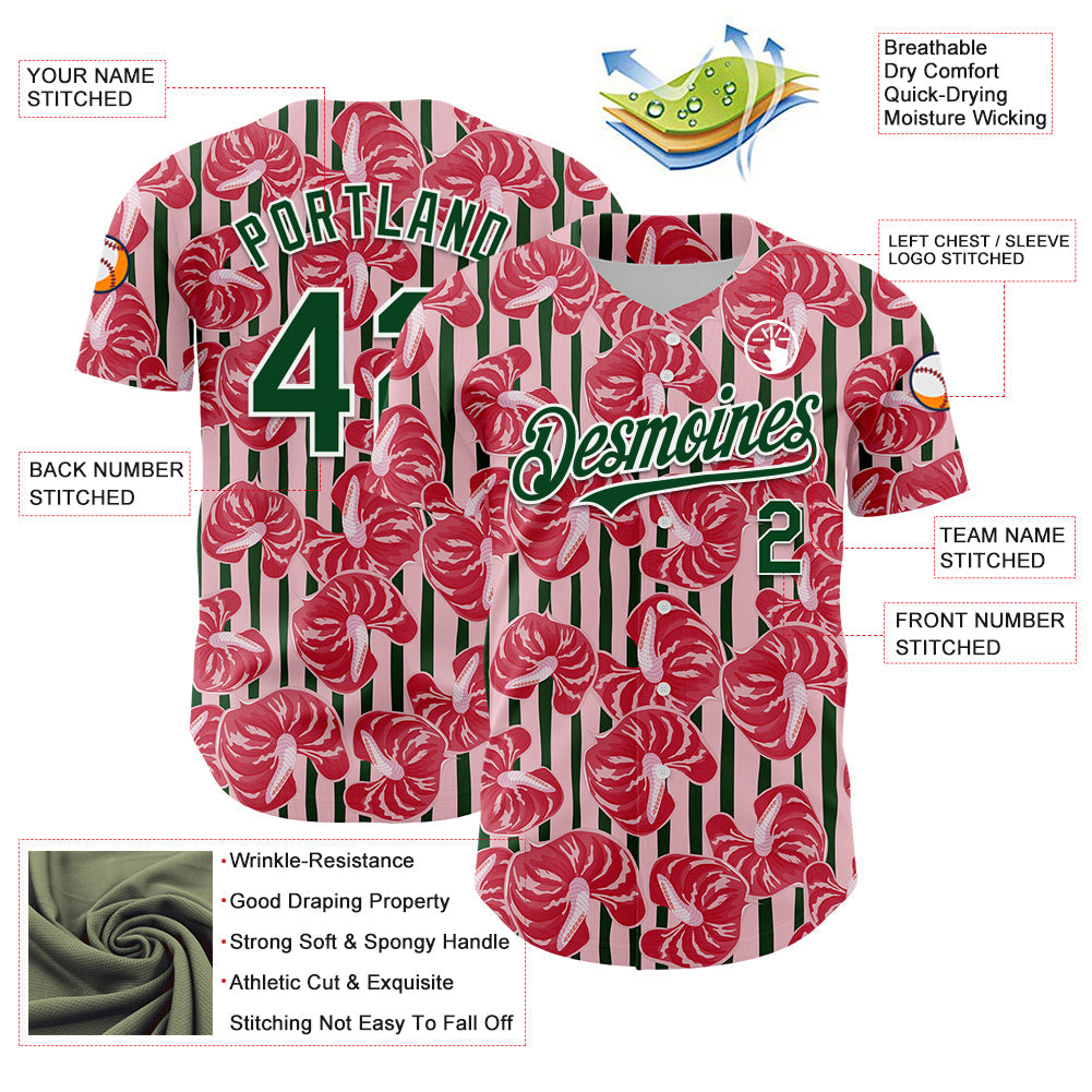 Custom Medium Pink Green-White 3D Pattern Design Tropical Anthurium Flower Authentic Baseball Jersey view 3