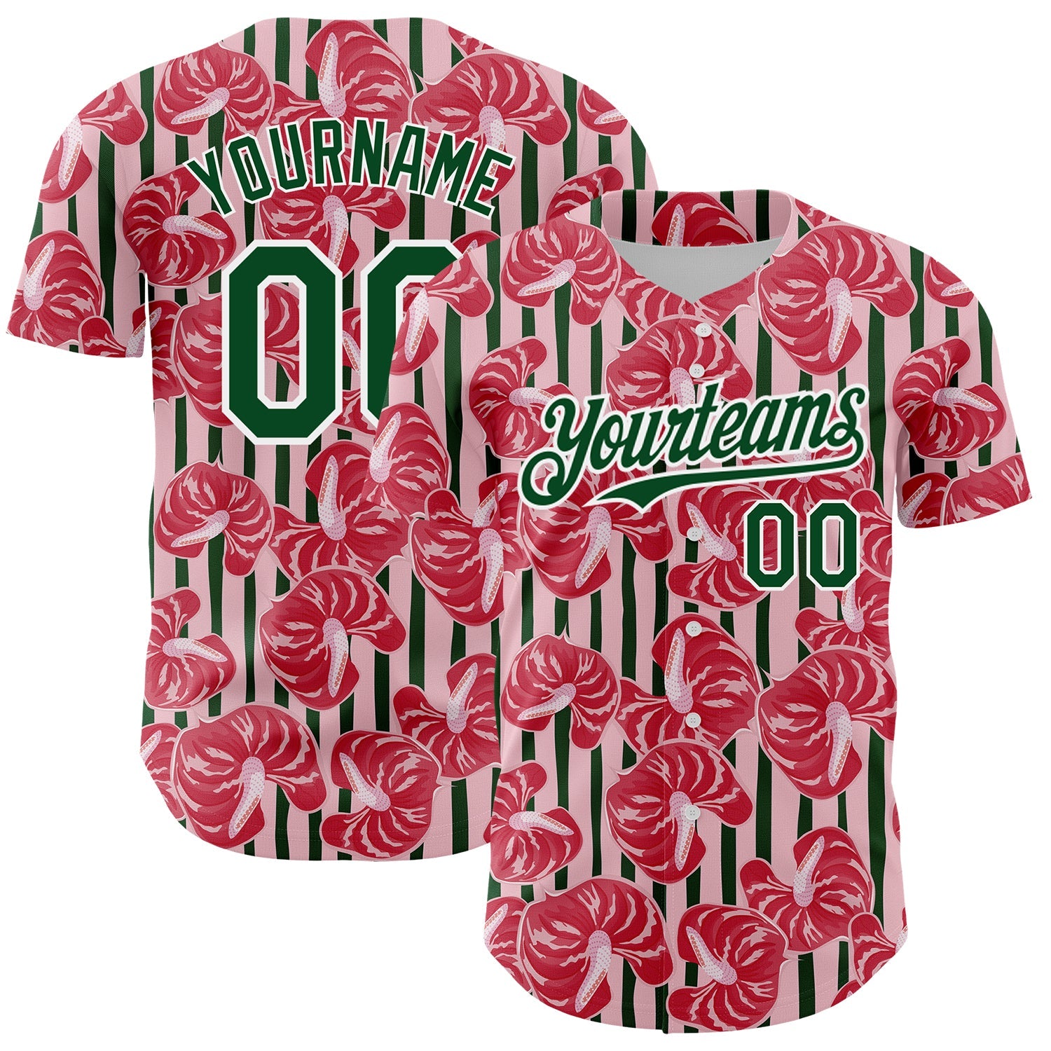 Custom Medium Pink Green-White 3D Pattern Design Tropical Anthurium Flower Authentic Baseball Jersey - Main View