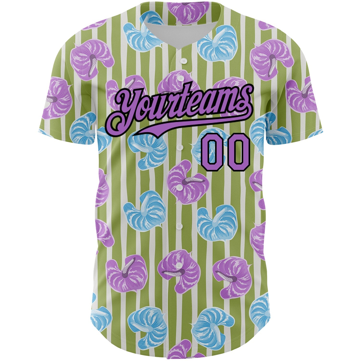 Custom Olive Medium Purple-Black 3D Pattern Design Tropical Anthurium Flower Authentic Baseball Jersey view 2